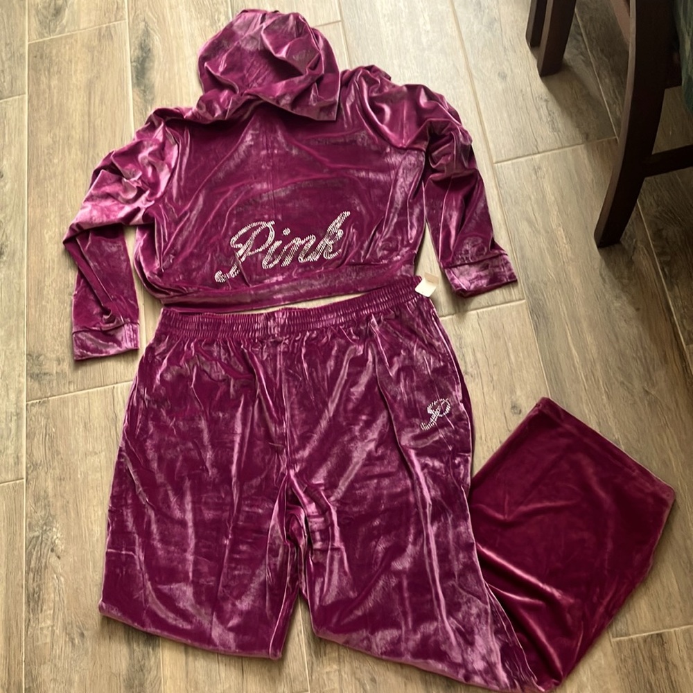 🔥VS Pink NEW bling velour hoodie and pants lounge set sz XXL NWT
